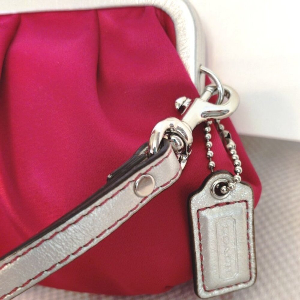 Coach Satin Metallic Silver Leather Frame Kisslock Clutch Wristlet - Magenta EUC - Picture 7 of 9